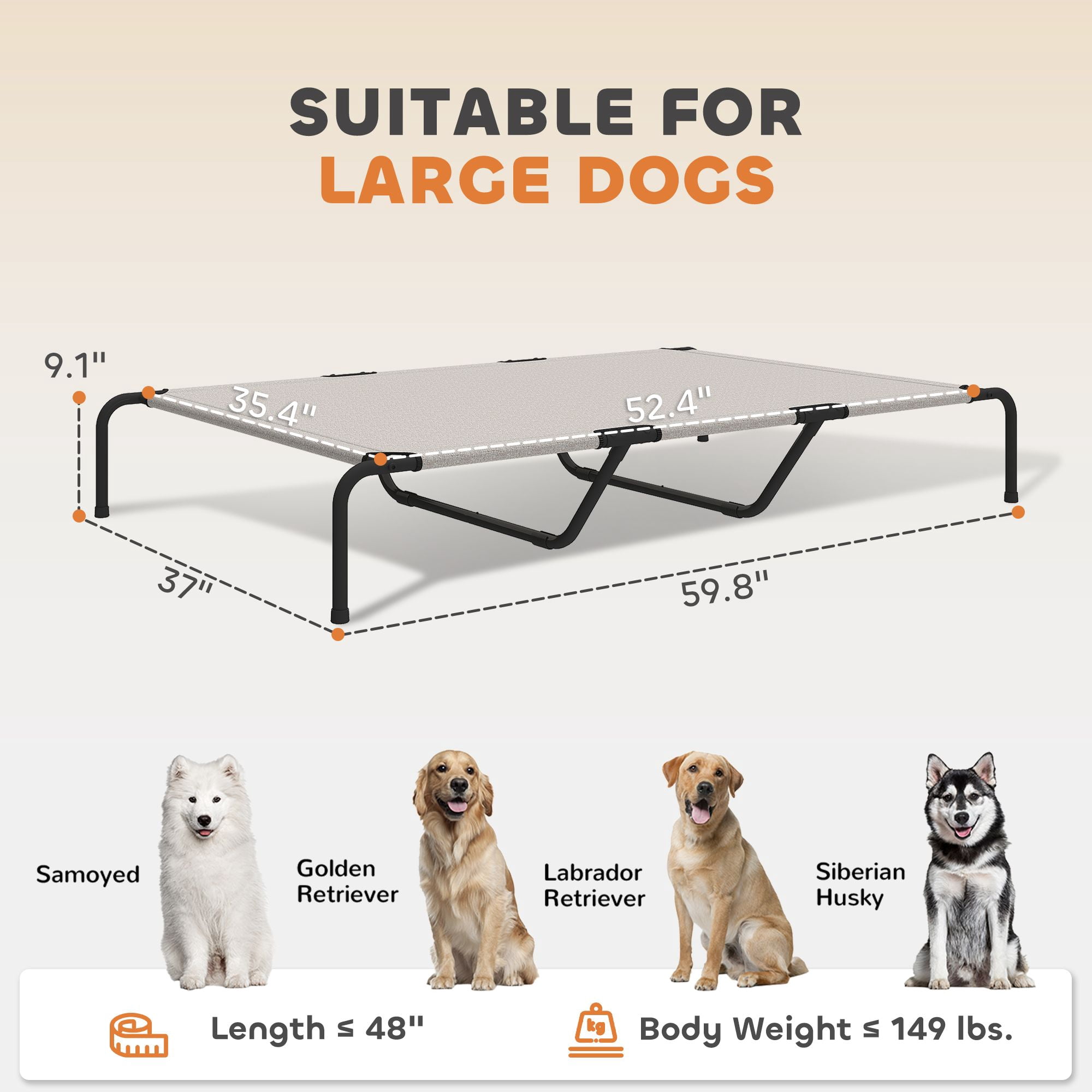 Elevated Dog Bed for Large Breeds 60"L Raised Cooling Pet Cot with Breathable Teslin Mesh 149 lbs Capacity Indoor Outdoor Dog Bed Beige