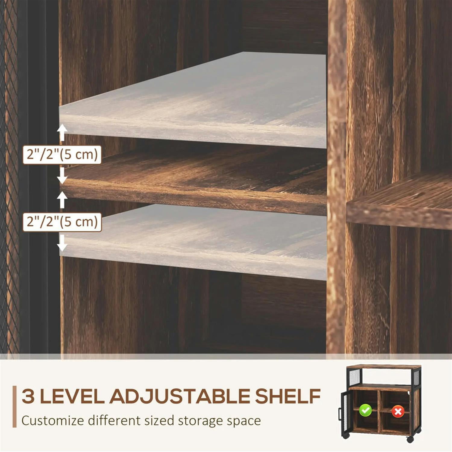 Demi Bonn Rolling Filing Cabinet with Castors, Socket and USB Charging Ports, Industrial File Cabinet for Home Office, Desk Printer Stand, Brown