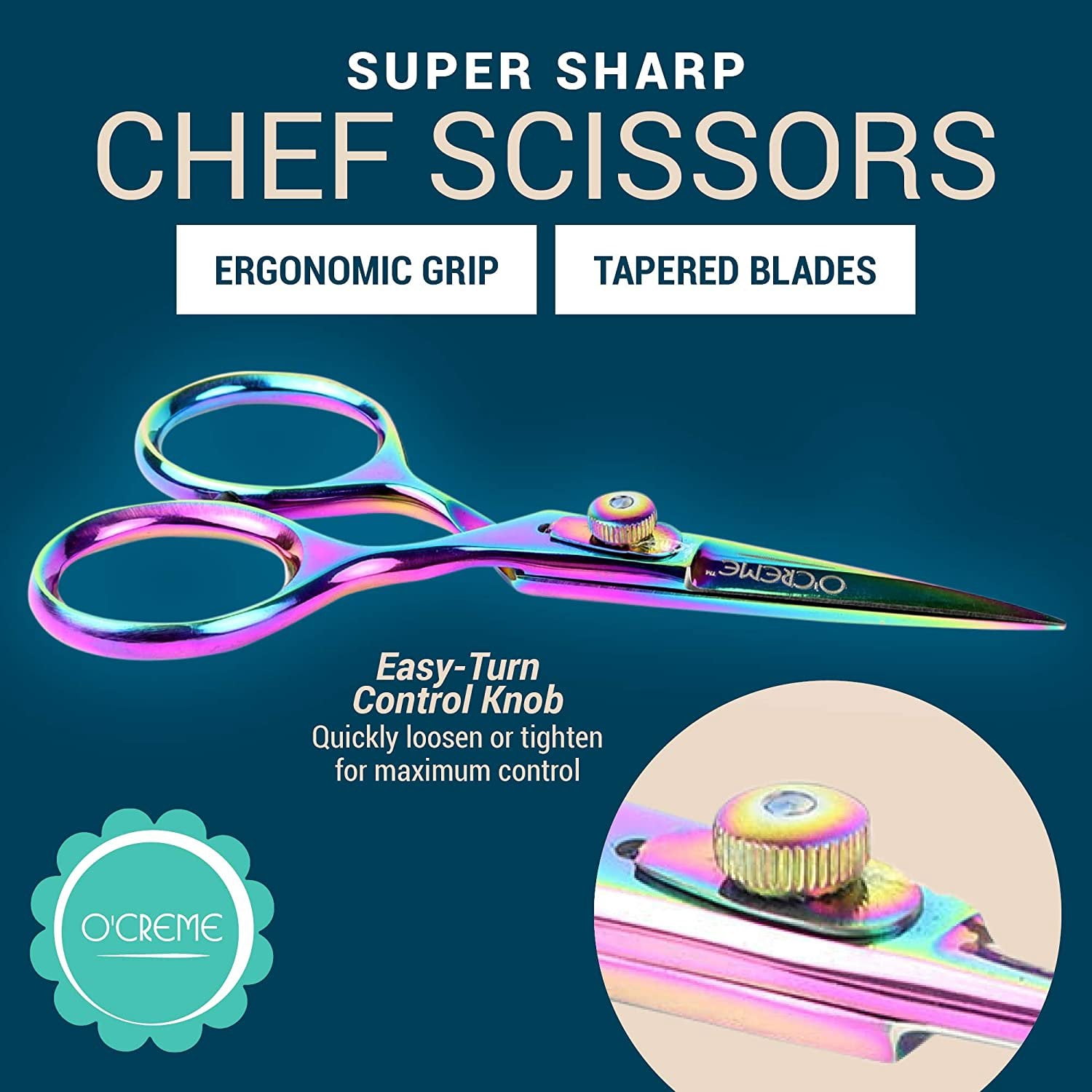 O'Creme Set of Culinary Tweezer Tongs Offset, Straight and Curved, Plus Super Sharp Chef Scissors, Total 6 Pieces Multicolored