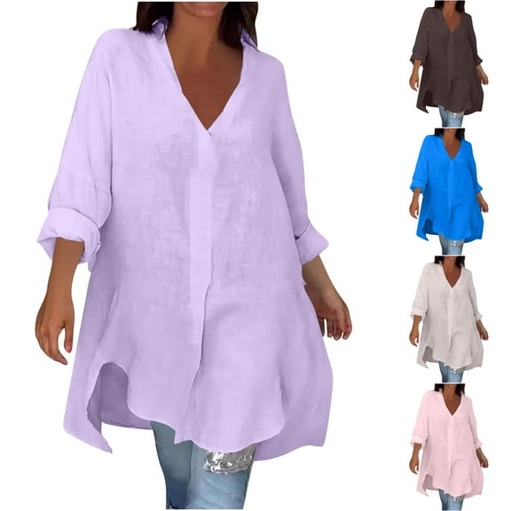 SMihono Women's V Neck Cotton Linen Shirt Dress Top Long Sleeve Plus Size Casual Loose Solid Blouses Flowy Beach Tunic Mini Dress Blue M
