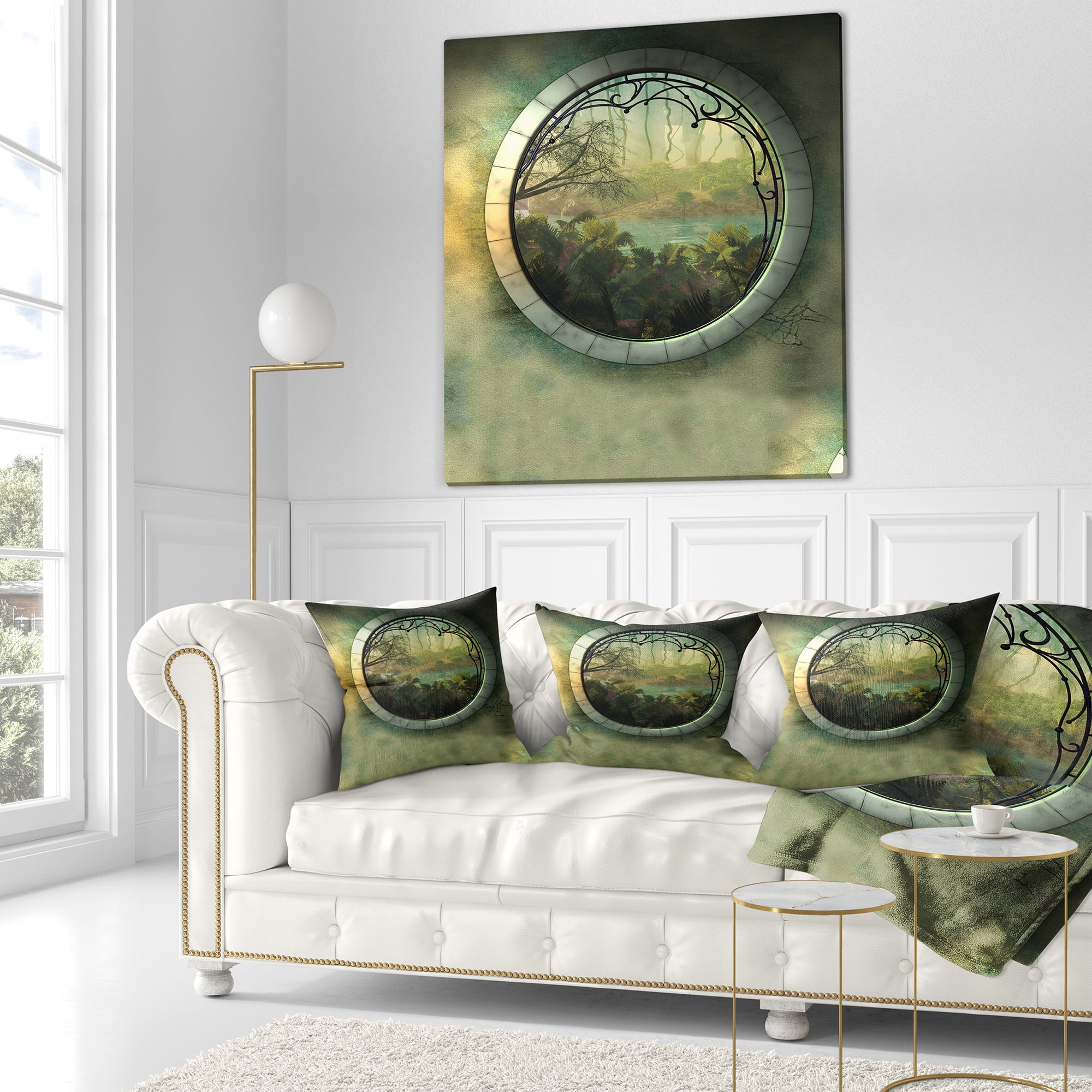 Designart Green Fantasy Landscape with Frame - Photography Throw Pillow - 16x16