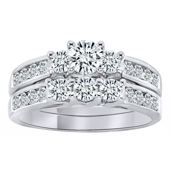 AFFY Round Cut White Cubic Zirconia Three Stone Bridal Ring Set In 14K Solid White Gold