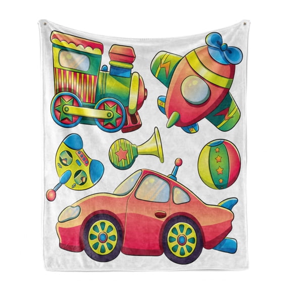 Cartoon Soft Flannel Fleece Throw Blanket, Funny Transportation Toys with Train Car Airplane Horn Balls Auto Tire, Cozy Plush for Indoor and Outdoor Use, 50" x 70", Multicolor, by Ambesonne