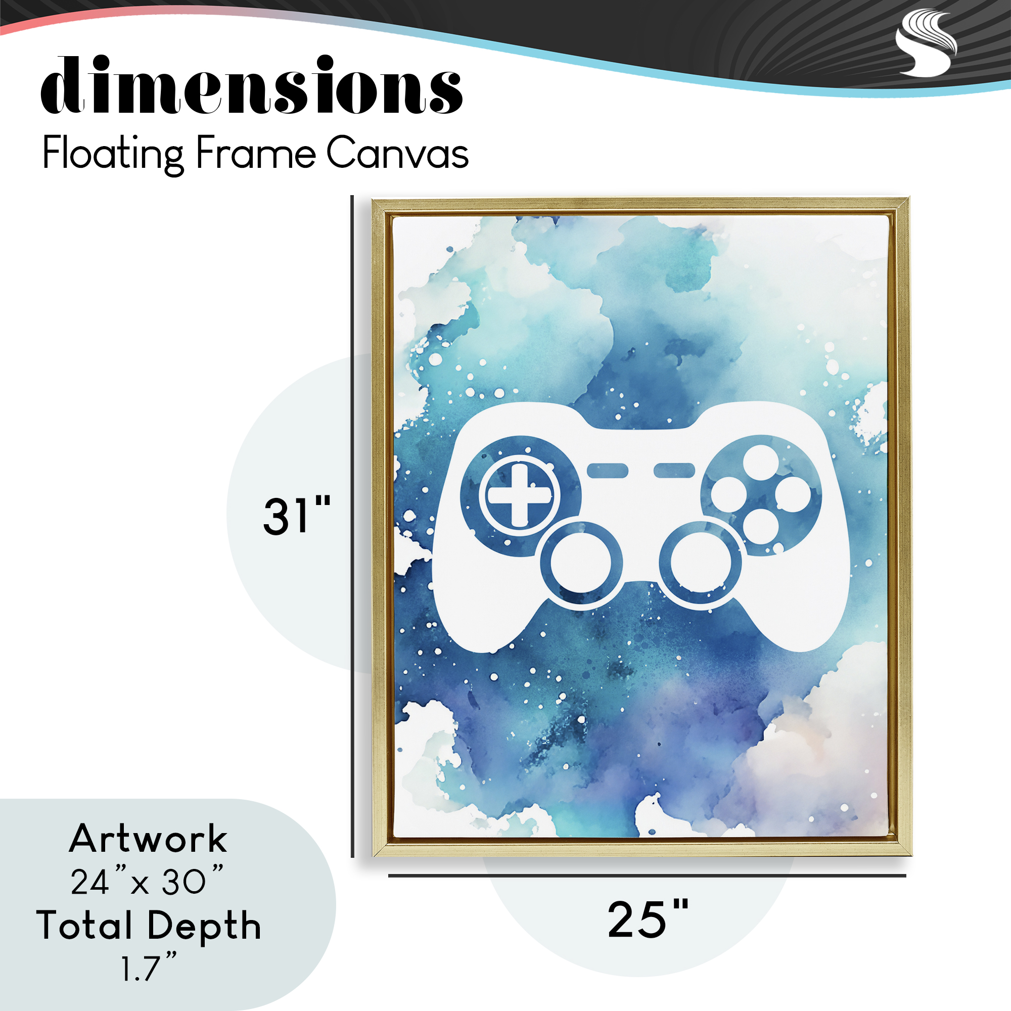 Blue Controller Splatter Gold Framed Floater Canvas Wall Art, design by Marcus Prime
