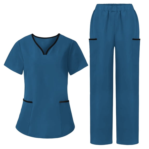 Avrnliq Womens Navy Stretch Healthcare Scrub Set - Short Sleeve with Multi Pockets, 1 Top & 1 Pant for Doctors & Medical Professionals,Size 2XL