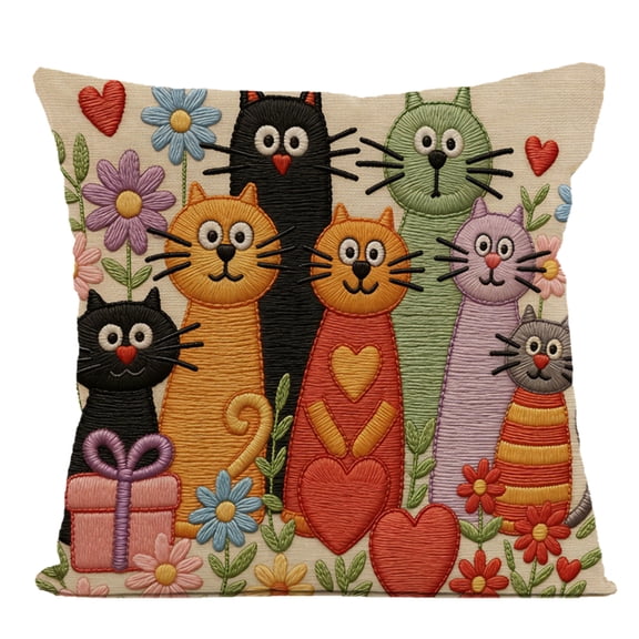 Linen Pillow Cover with 3D Cat and Alpaca Print, Soft Breathable Cushion Case for Sofa Couch Living Room, Playful Animal Motif, Durable Stitching, Easy Care Home Accent