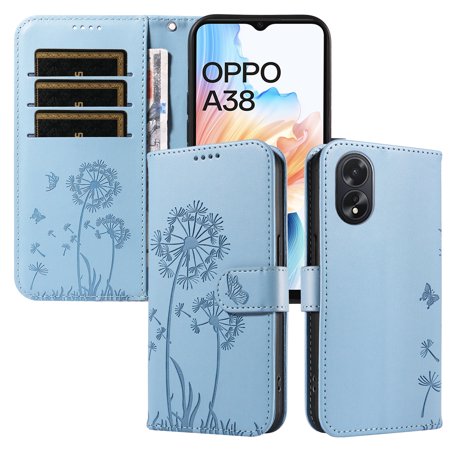 Flip Phone Case for OPPO A38 4G, Kickstand and 3 Card Slots, Shockproof and Scratch Resistant, Sky Blue