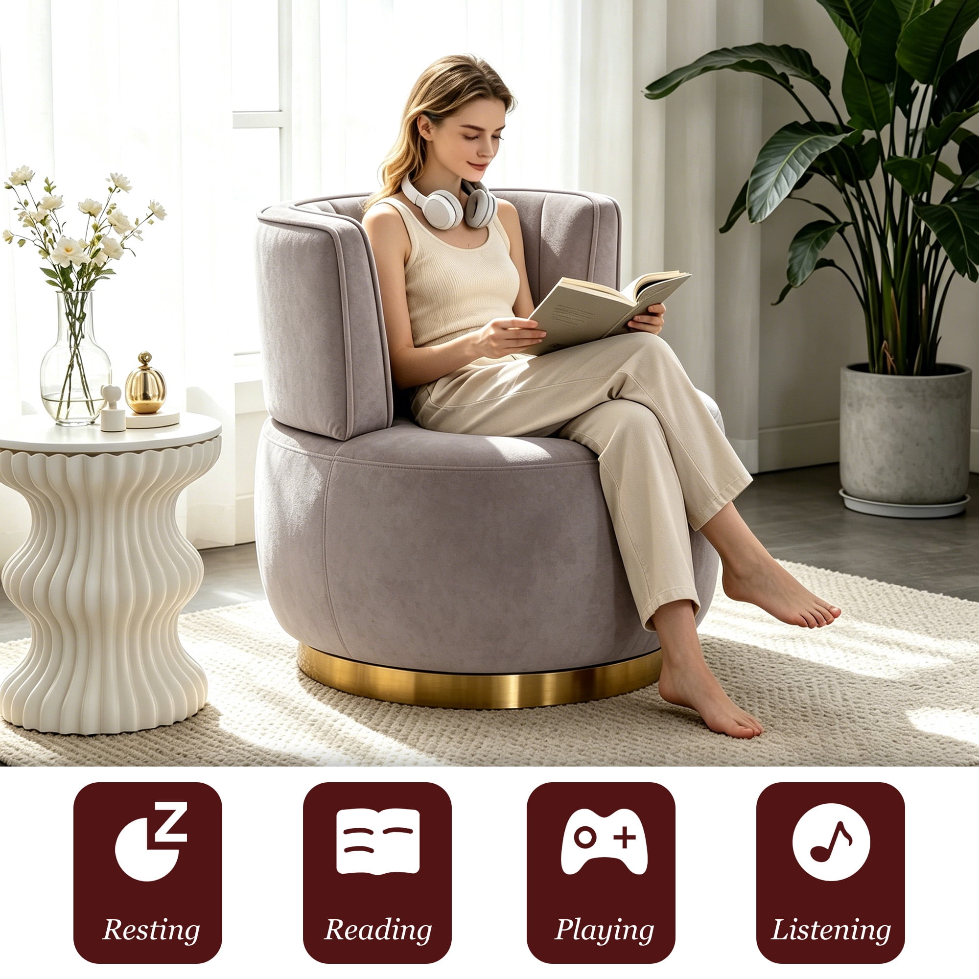 MOONMISS 360° Swivel Barrel Accent Chairs, Round Armchairs with Wide Upholstered, for Living Room, Bedroom, Gray