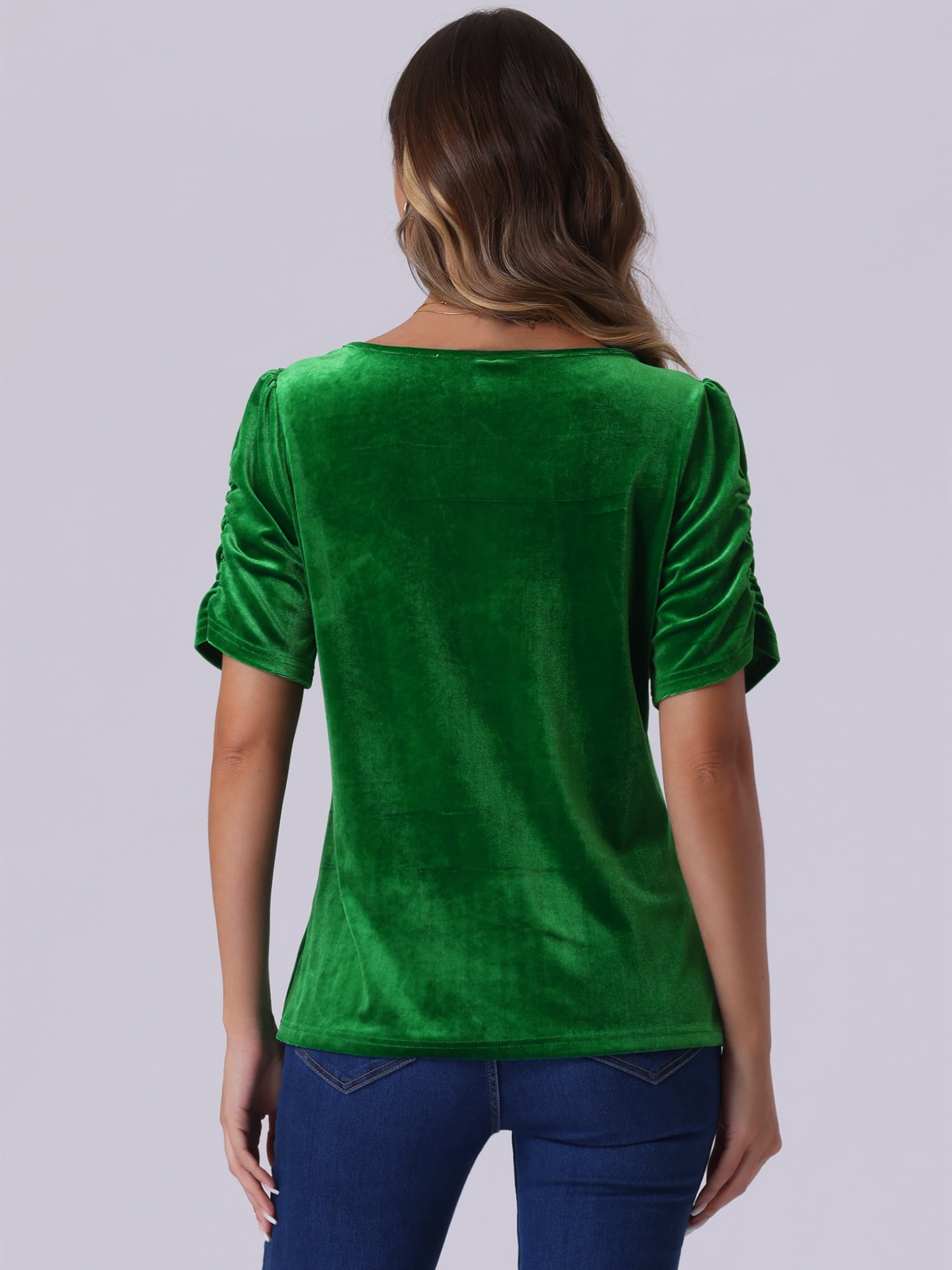 DARING DIVA Women's Round Neck Puff Short Sleeve Party Velvet Top XS Green
