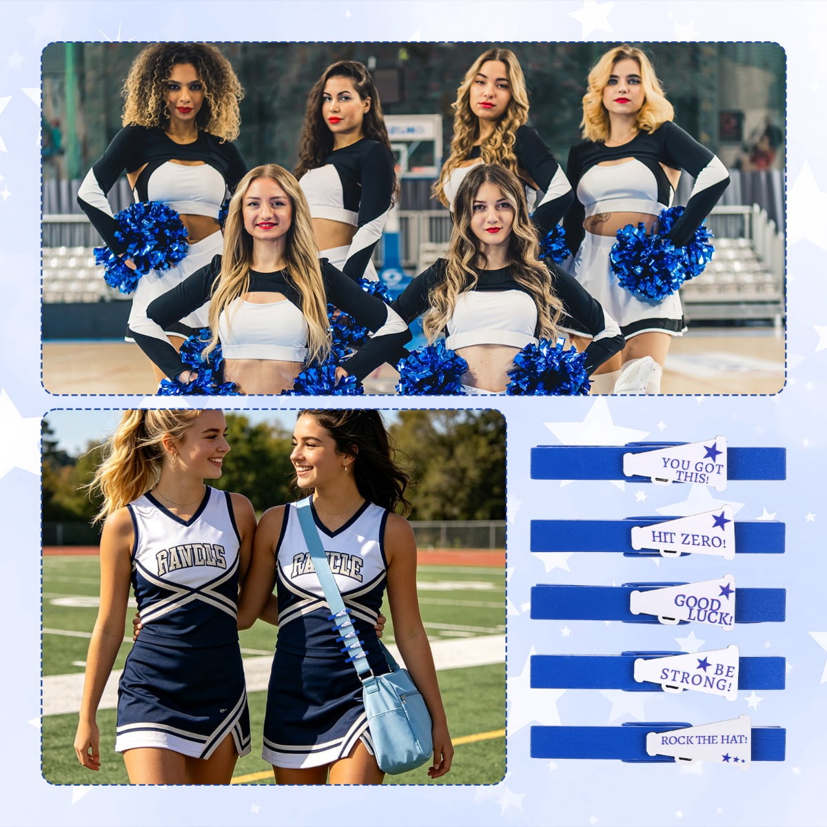100 Pcs Cheerleading Spirit Pins Bulk Wooden Motivational Badges Blue Team Pins with Inspirational Quotes for Cheer Squad, Sports Events, Backpack Accessories and Team Support Gifts
