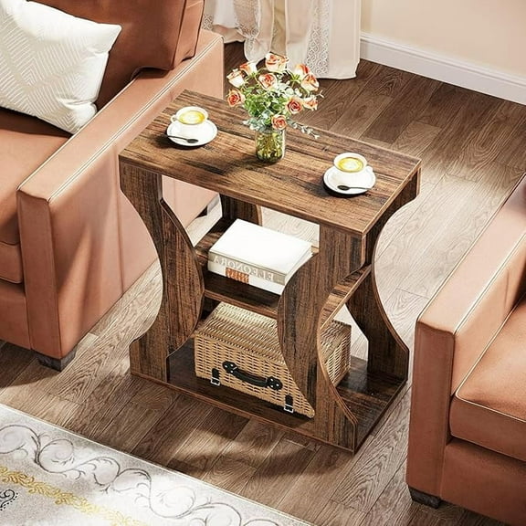 Tribesigns 24" Farmhouse End Table, Wood Side Table with 3 Storage Shelves for Living Room, Brown