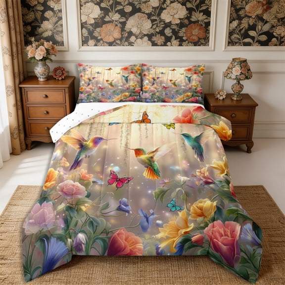 Manfei Flowers Hummingbird Full Size Comforter Sets 3-Piece,Spring Garden Bedding Comforter Set,1 Comforter and 2 Pillowcases,Reversible