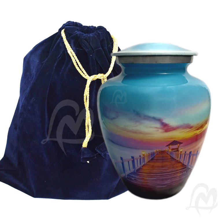 LOVE MEMORIALS Cremation Urns- Sun Down Lovely Bridge Blue Sky Adult Urn  –Best Urn for Human Ashes – Funeral Urn (Adult (200 lbs) – 10.5 x 6 “, Sun 