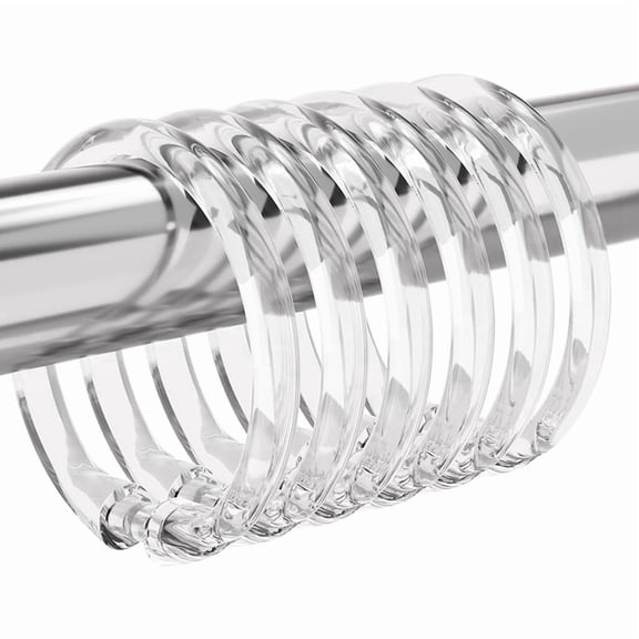 12 High-Quality Plastic Shower Curtain Rings, Hooks, and Shower Rods with Easy-to-Use Snap Closures, Transparent