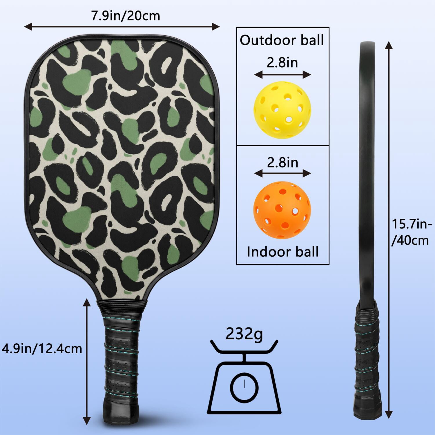Pickleball Paddles Set Of 1, Fiberglass Surface, Animal, Leopard Print, 1 Paddle, 2 Balls & Bag