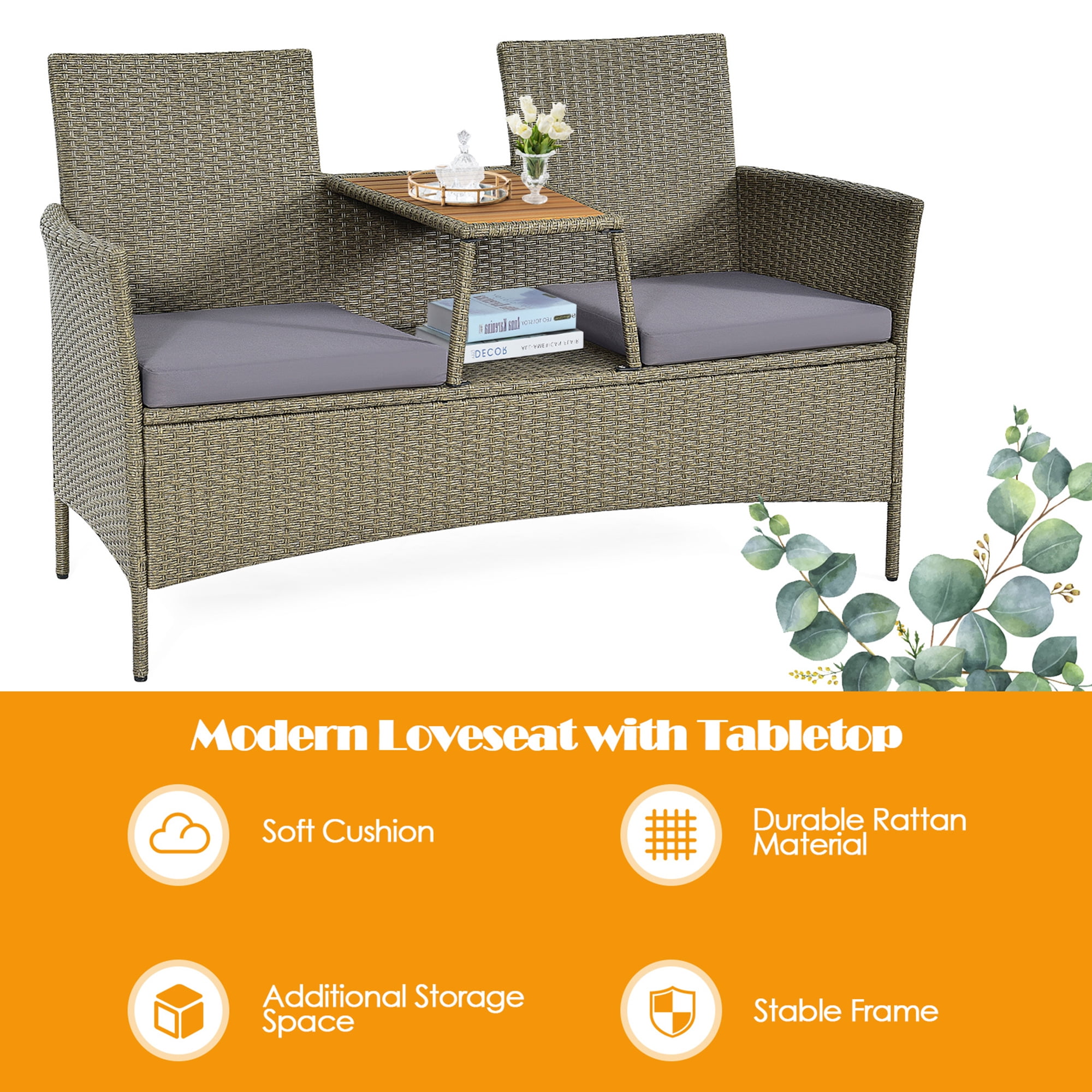 Gymax Patio Rattan Loveseat Outdoor 2-Person Conversation Set w/ Built-in Table