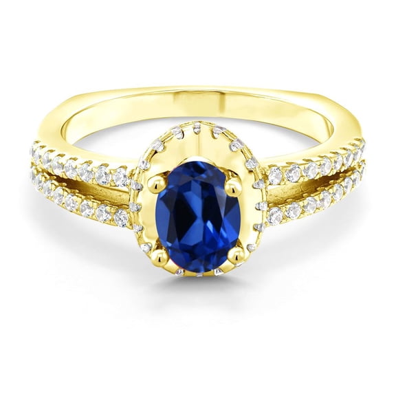 Gem Stone King 18K Yellow Gold Plated Silver Blue Created Sapphire Engagement Ring for Women (1.40 Cttw, Oval, Size 7) (Size 7)