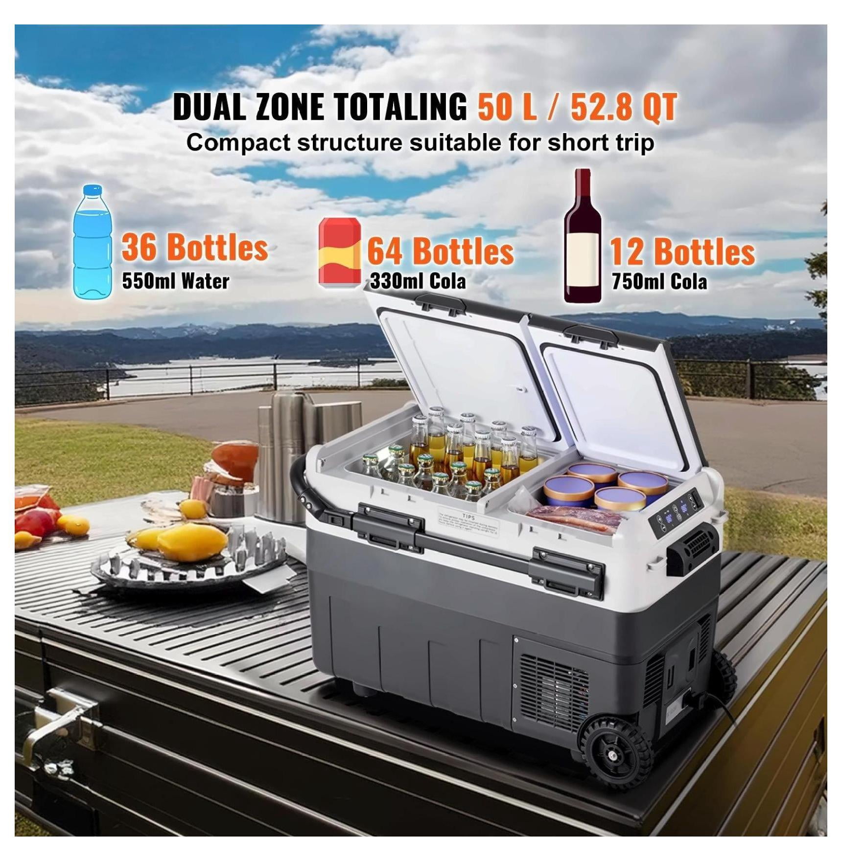 Portable Car Refrigerator Freezer 50L Dual Zone - 12V/24V & AC Powered, Compressor Cooling, Rapid Cooling for Road Trips, Camping, RV & Home Use