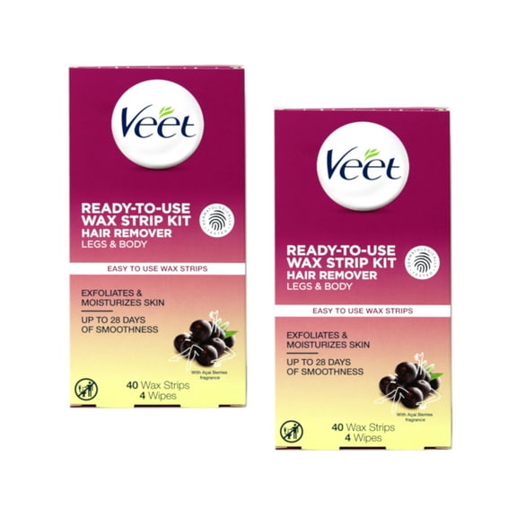 2 Pack Veet Ready to Use Wax Strip Kit Hair Remover Legs & Body 40 Strips Each