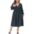 thumbnail image 1 of Vestido de Talla Grande para Mujeres con Escote en V, Manga Larga, Fluido, con Encaje y Cintura Elástica, Vestido Midi, Azul Oscuro 4X, 1 of 1