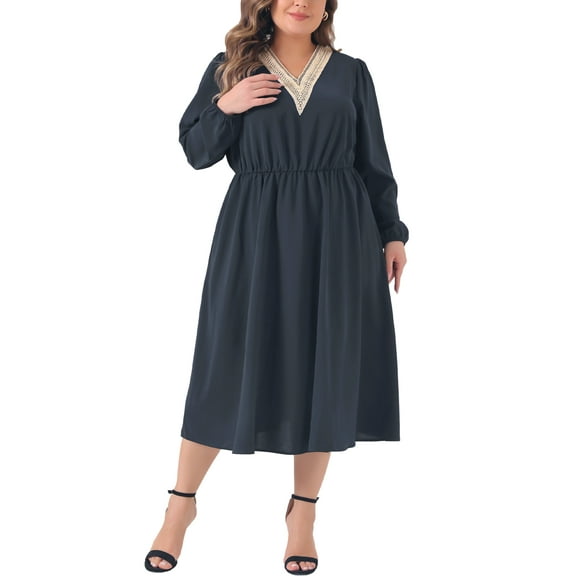 MODA NOVA Plus Size Dress for Juniors V Neck Long Sleeve Flowy Lace Trim Midi Dress 3X Dark Blue