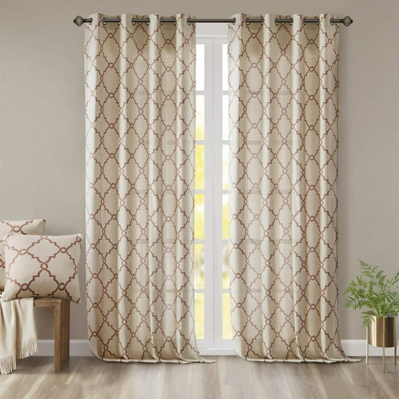 Madison Park Saratoga Fretwork Print Grommet Top Window Curtain Panel in Beige/Spice, 50"x108"