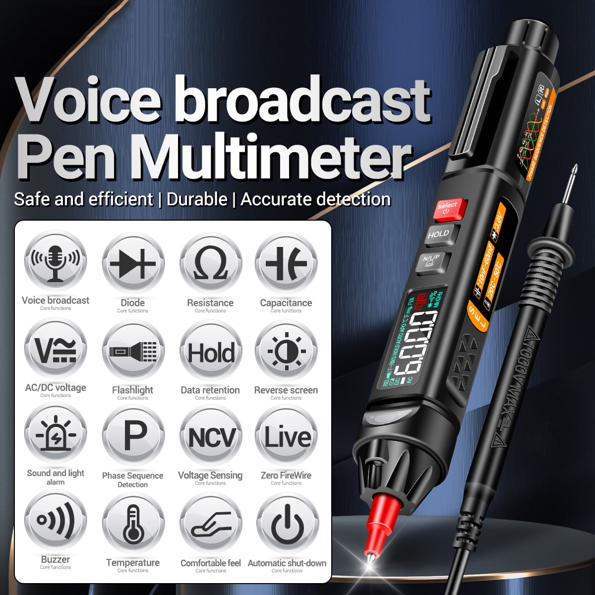 Multimeters,Resistance Temperature On/off Display Ncv Tester 6000 Voltmeter Va Voltmeter Va Lcd Va Lcd Display With Voice 6000 A3009 Pen With Pen With Voice Sequence Voice 6000 Voltmeter Eryue
