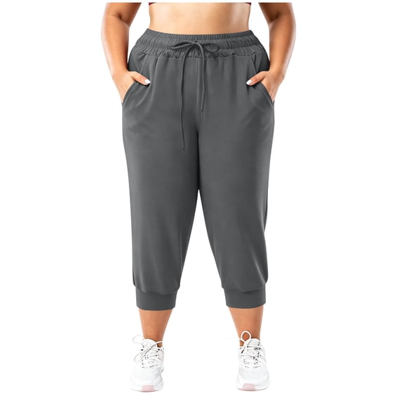 Plus Size Pants for Women Drawstring Elastic Waist Capris with Pockets Tapered Leg Joggers Solid Color Summer Pants for Daily Wear