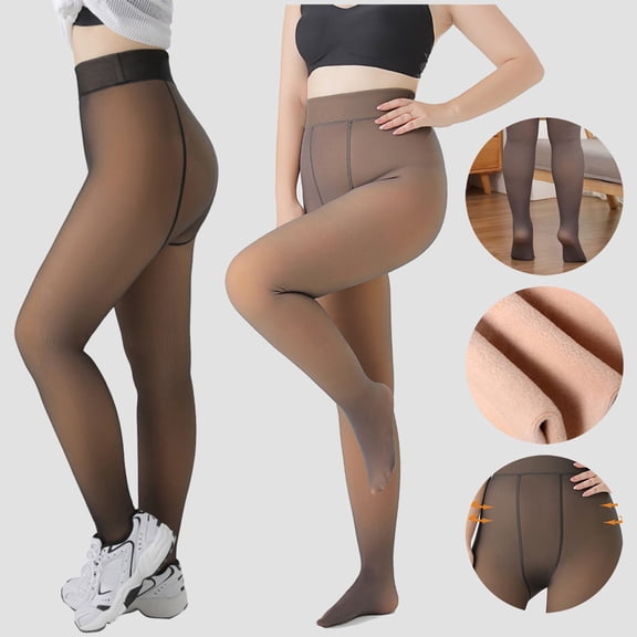 2 Pairs Plus Size 80g Pantyhose for Women, Faux Sheer Opaque Tights, Slimming Warm Fleece Lined Leggings for Daily, Winter, Casual Wear-Black Black