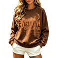 thumbnail image 3 of Crew Neck Sweatshirts Women Vintage Witch Broom Print Long Sleeve Pullover Relaxed Fit Casual Halloween Fall Festival Tops Brown M, 3 of 7