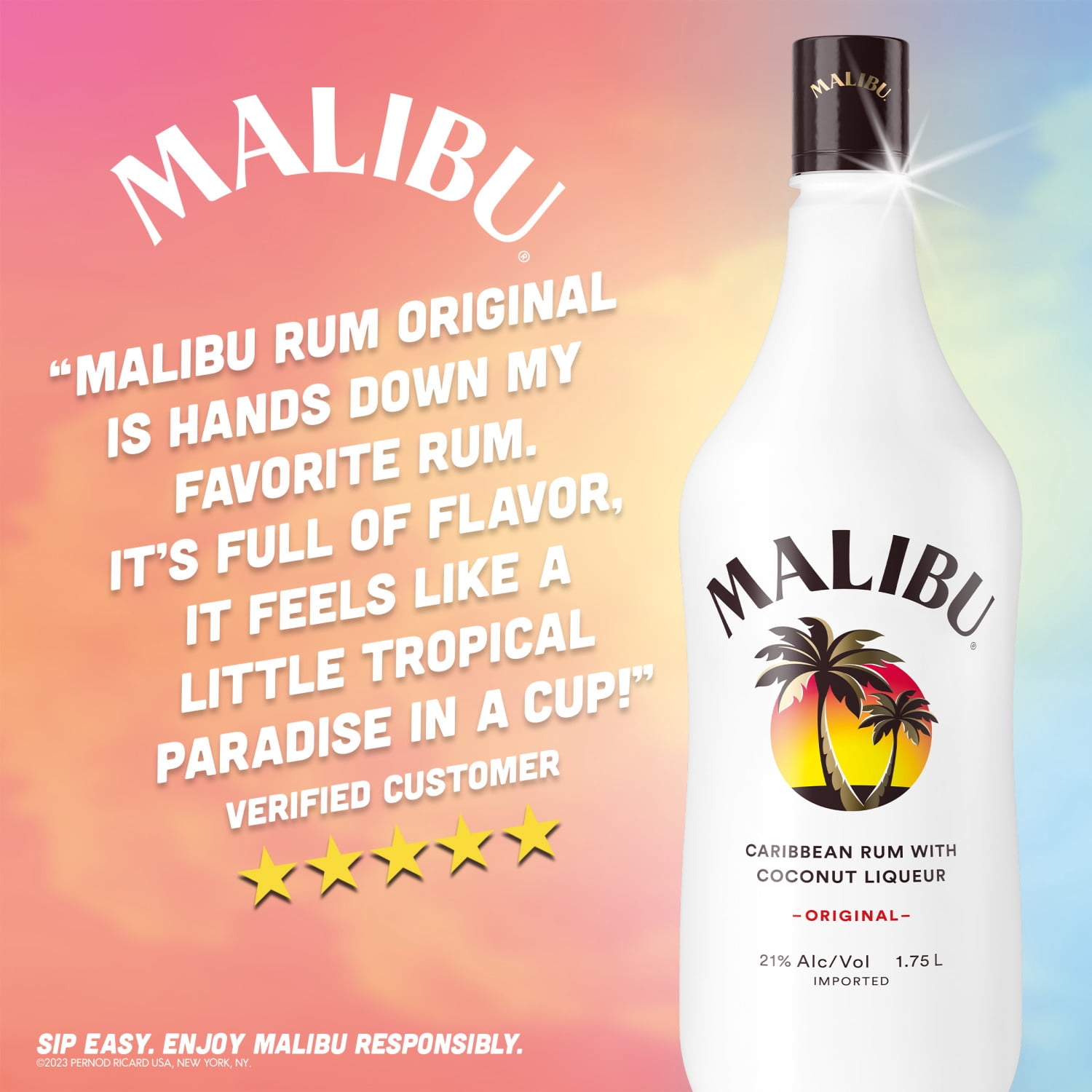 Malibu White Rum with Coconut Liqueur, 1.75 L Bottle, 21% ABV