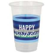 Way to Celebrate! 16 fl oz Green & Blue Stripes Disposable Birthday Plastic Cups, 8ct
