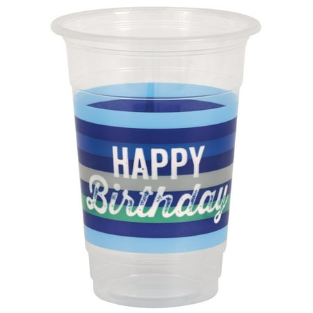 Way to Celebrate! 16 fl oz Green & Blue Stripes Disposable Birthday Plastic Cups, 8ct