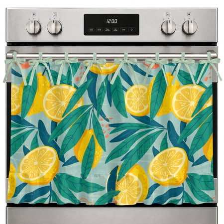 Farmhouse Oven Skirt Curtain Yellow Lemon Oven Curtain Tie Top Minimalist Tropical Retro Green Palm Leaf Stove Skirt Curtains with Ties&Ruffle Trim Dishwasher Skirts Curtains for Cabinet 32 x24