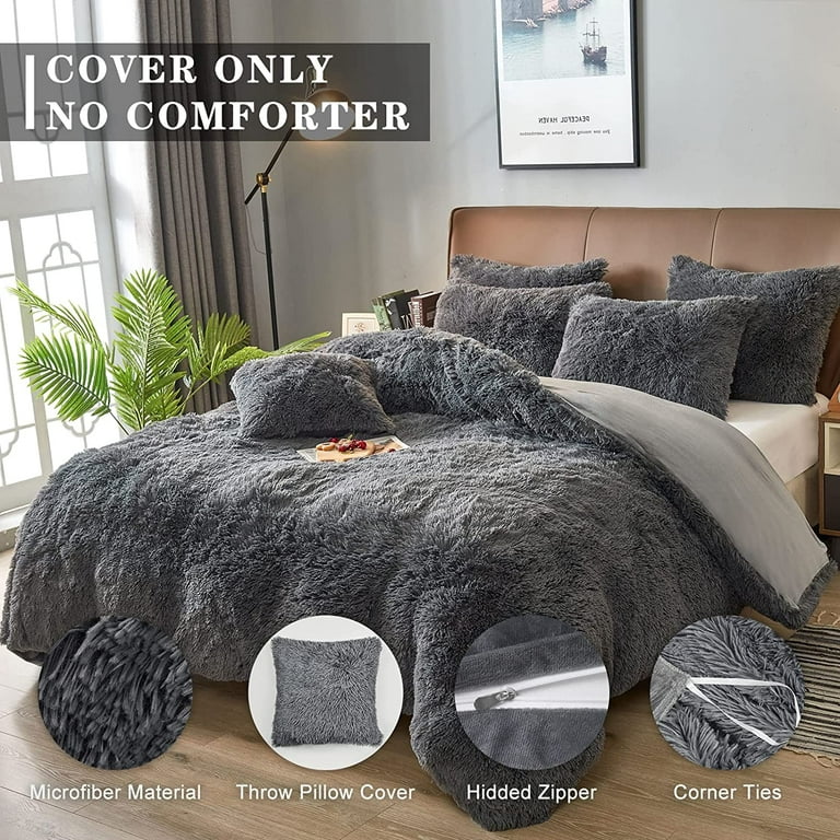 BLEUM CADE Luxury Fluffy Fuzzy Twin Bedding Comforter Set，3 Pieces Shaggy  Duvet Cover Set，Furry Plush Velvet Comforter Cover with Zip