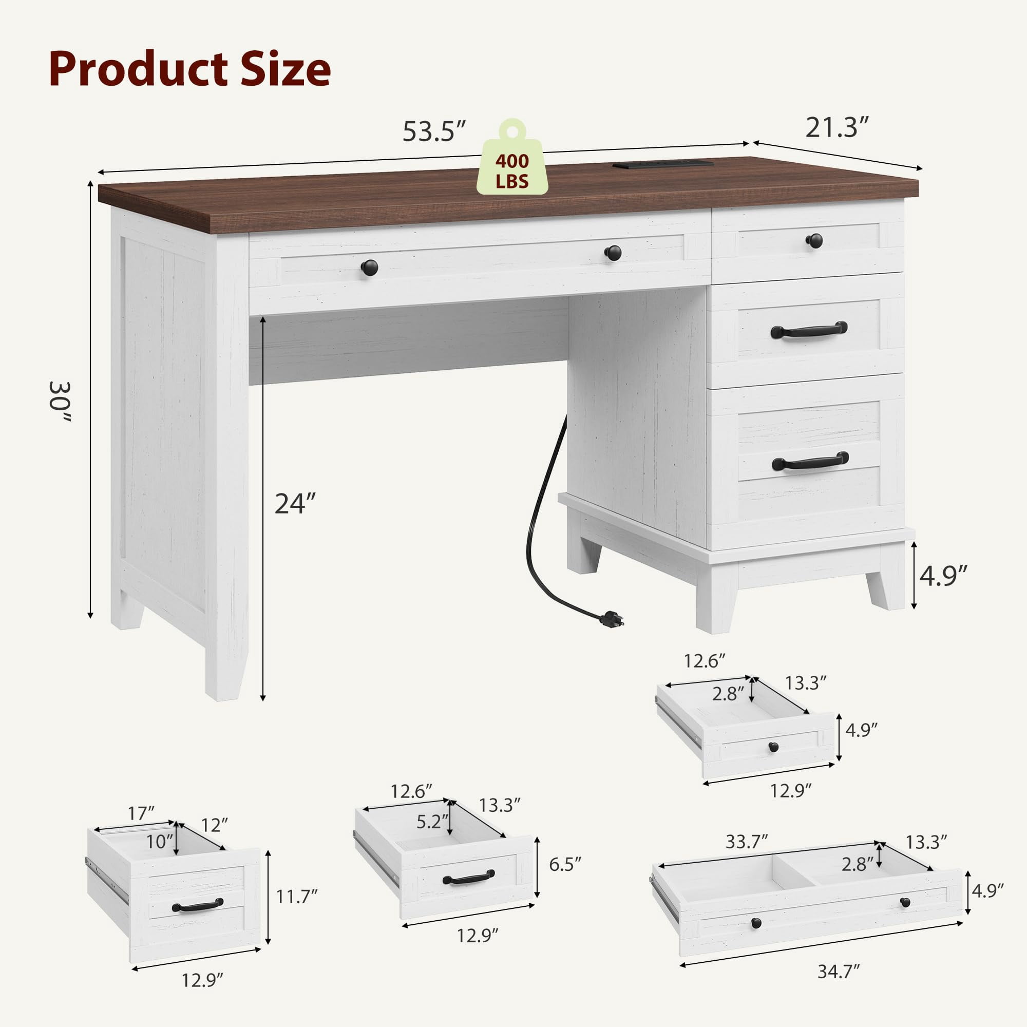 Garvee 53.5" Farmhouse Office Desk with Charging Station - Wooden Executive Computer Desk with File Drawer & USB Ports - Large Home Office Workspace-Brown&White