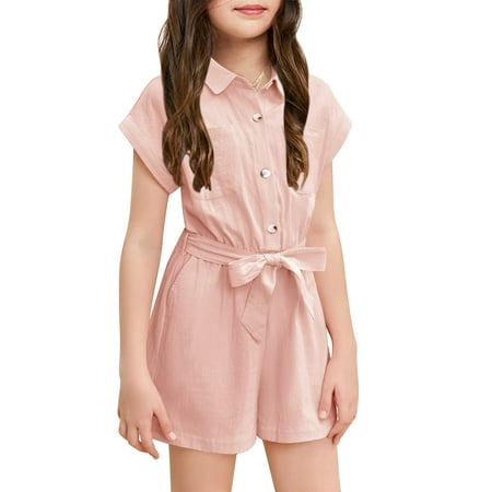

Mafulus Girl s Cute Short Sleeve Rompers Button Tie Front Wide Leg Jumpsuit With Side Pockets 3-14T