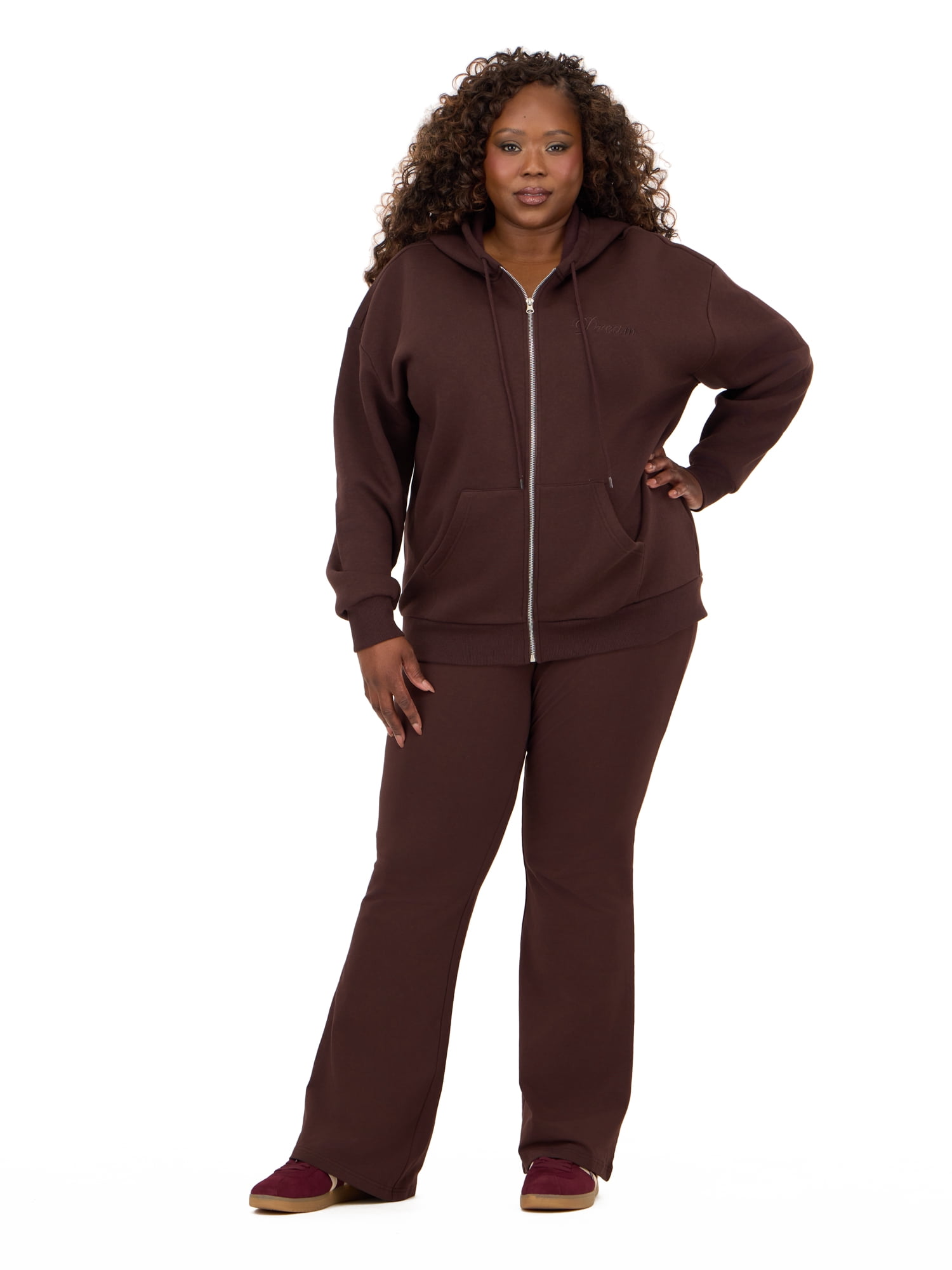 Forever 21 Women's Fleece Zip Up Hoodie with Front and Back Graphic Detail, Relaxed Fit Sweatshirt Jacket, Casual Everyday Layering Style, Brown, XXS-4X