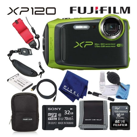 Fujifilm FinePix XP120 Waterproof Digital Camera (Lime) Value Accessory Bundle Includes 32GB Memory Card, Floating Wrist Strap, Professional Cleaning Kit, and Much