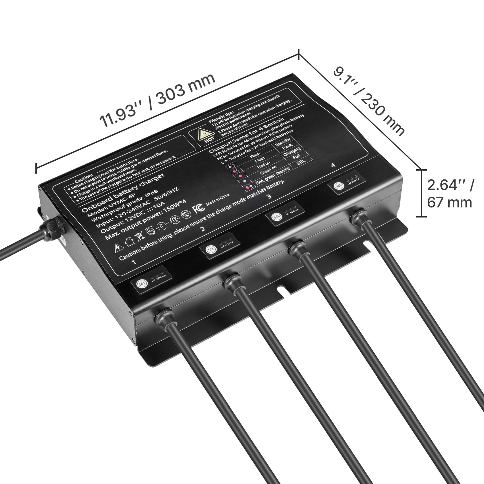 KFFKFF 4-Bank 10A 12V Onboard Marine Battery Charger, IP68 Waterproof Smart Charger for Lithium-Ion (LiFePO4), NCM, and Lead-Acid Batteries, Suitable for Boats, Yachts, RVs, and Trailers