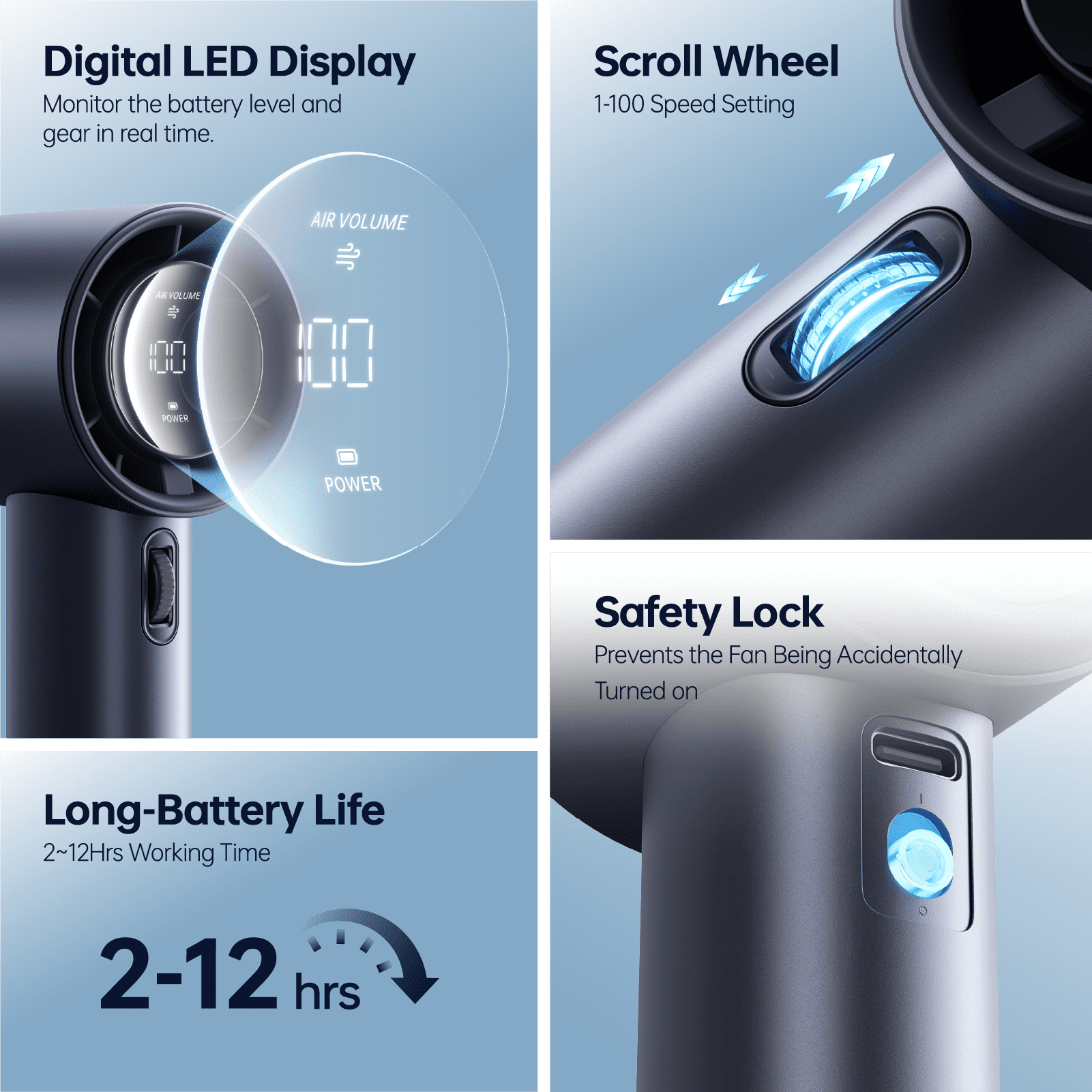 JISULIFE Portable Handheld Fan, Turbo Power High Speed Air [12Hrs Cooling], 100 Speeds, 3600mAh USB Rechargeable Mini Personal Fan, Digital Display, Gift for Travel/Outdoor -Blue