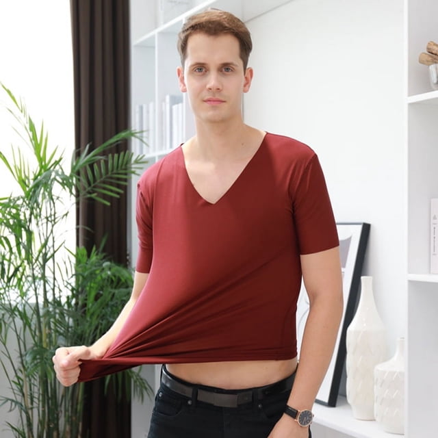 Camiseta casual de seda de hielo de color sólido de primavera y verano para hombre, camiseta de manga corta con cuello en V y manga corta ajustada para hombre