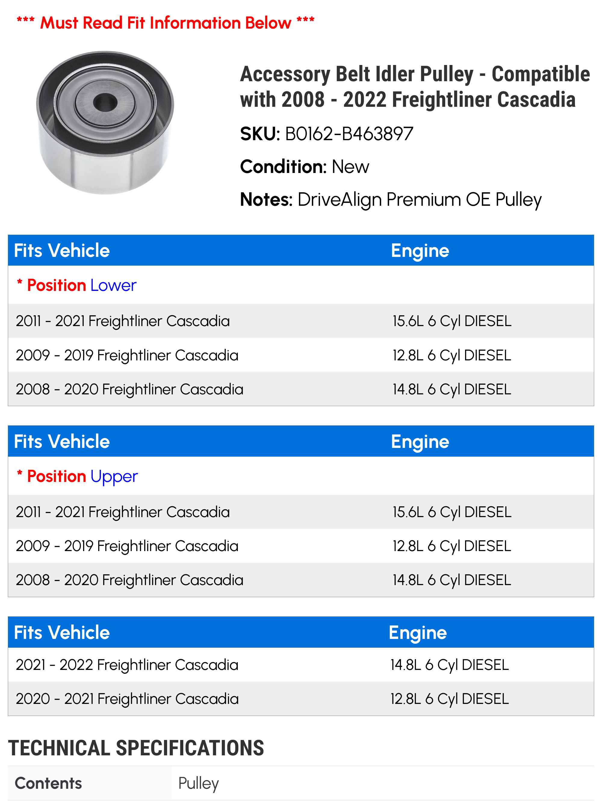 Accessory Belt Idler Pulley - Compatible with 2008 - 2022 Freightliner Cascadia 2009 2010 2011 2012 2013 2014 2015 2016 2017 2018 2019 2020 2021