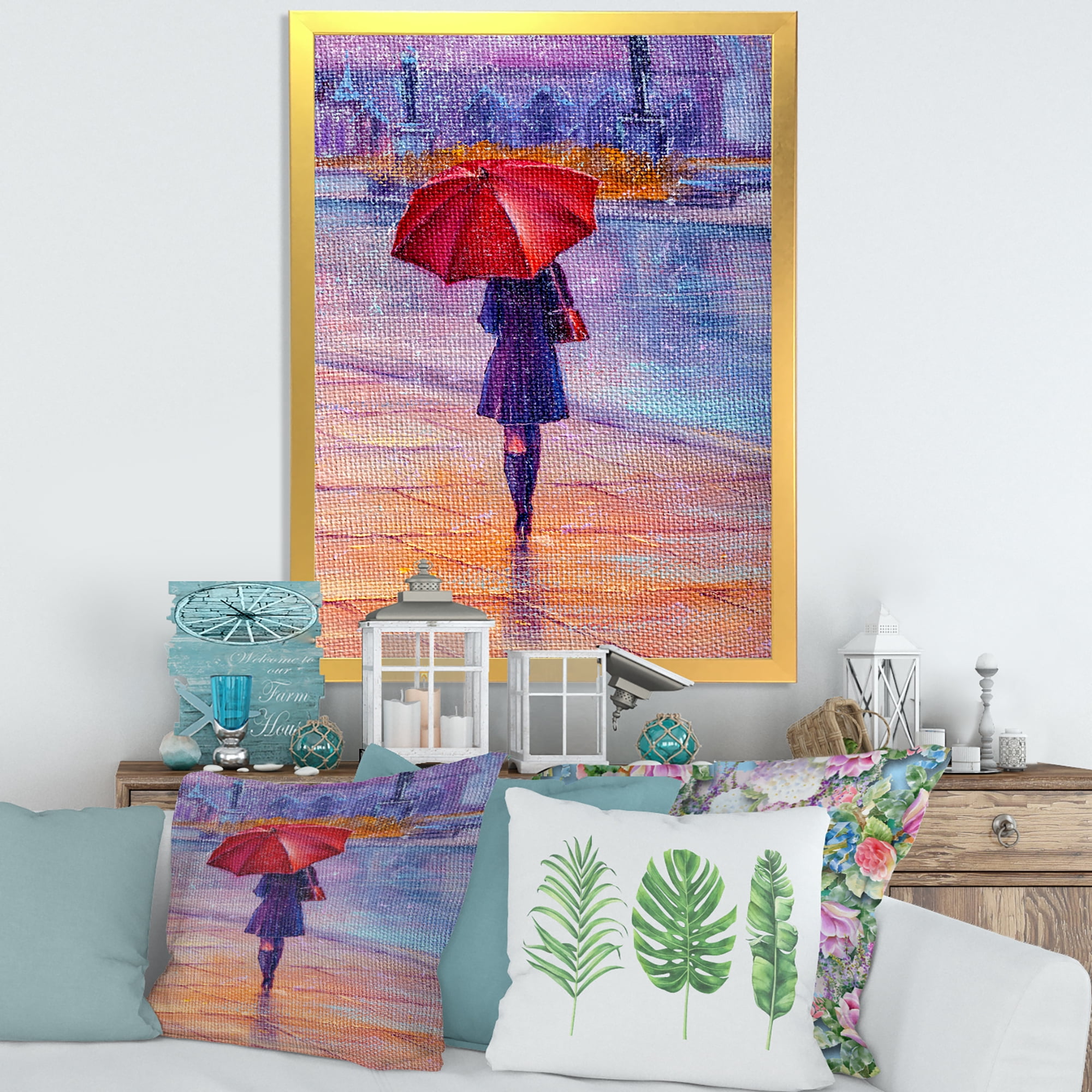 Designart 'Girl Walking With Red Umbrella Under The Rain' French Country Framed Art Print