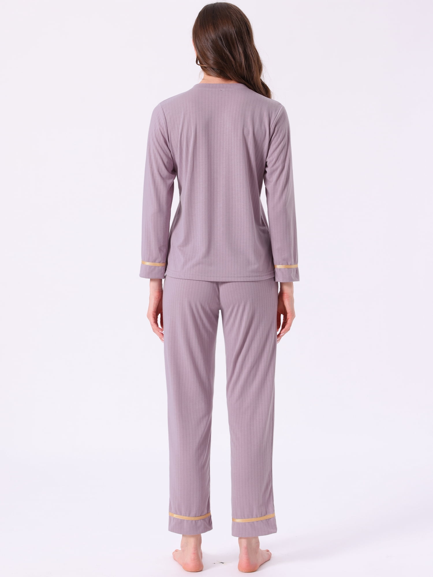 DARING DIVA Women's Cotton Ribbed Pullover V-neck Tops with Bottoms Pajama Sets XS Purple