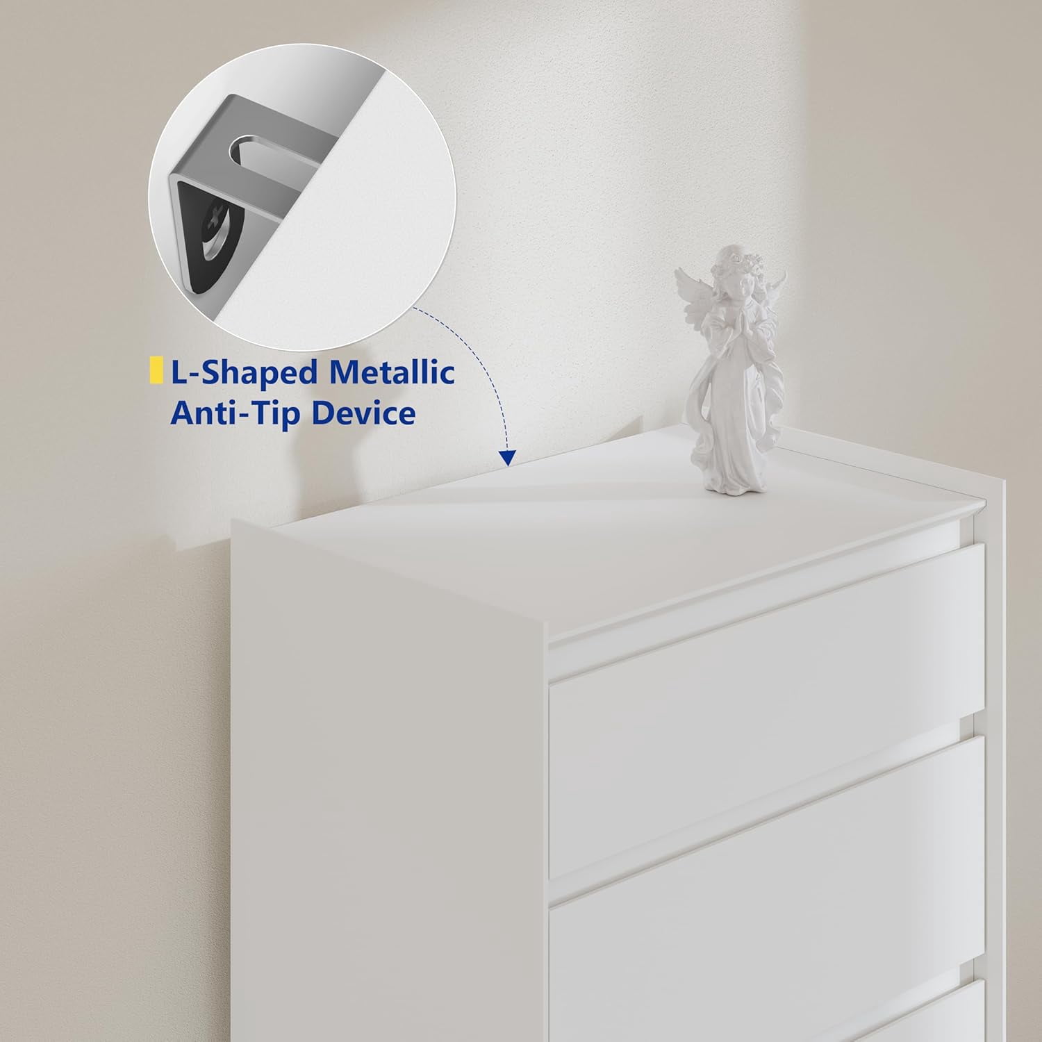 46″ Tall 5-Drawer White Dresser, Modern Slim Chest for Apartment Closet, Bedroom or Hallway