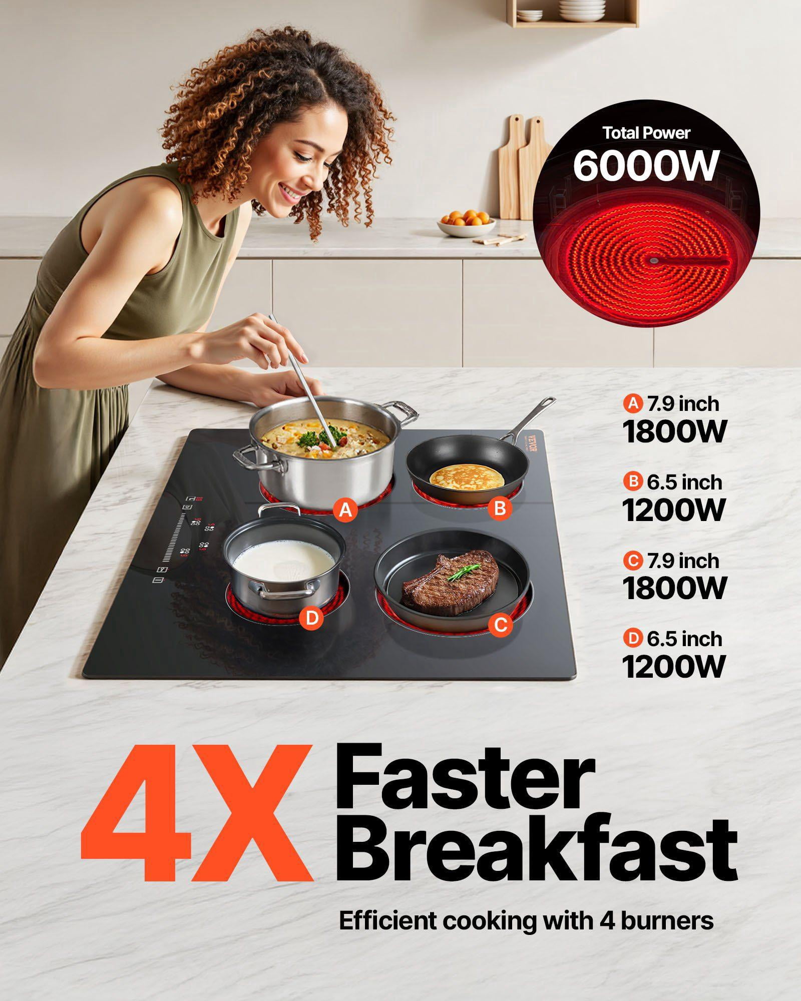 Built in Electric Stove Top 4 Burners 240V Glass Radiant Cooktop 23.2 x 20.5 Inch Sensor Touch Control Timer Child Lock 9 Power Levels Simmer Steam Slow Cook Fry