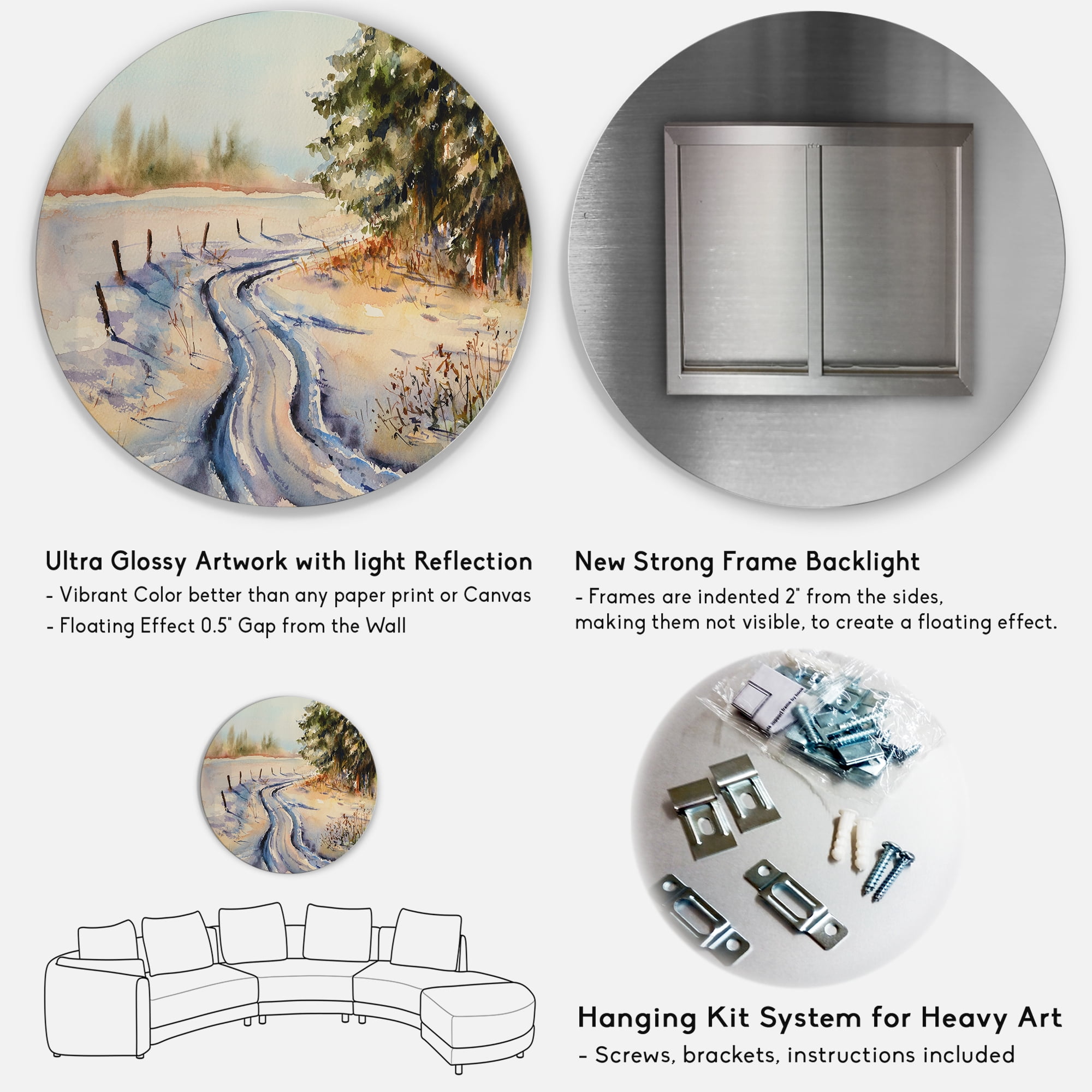 Designart 'Snowy Winter Forest Landscape Rural Road In Snow' Traditional Circle Metal Wall Art 11x11 - Disc of 11