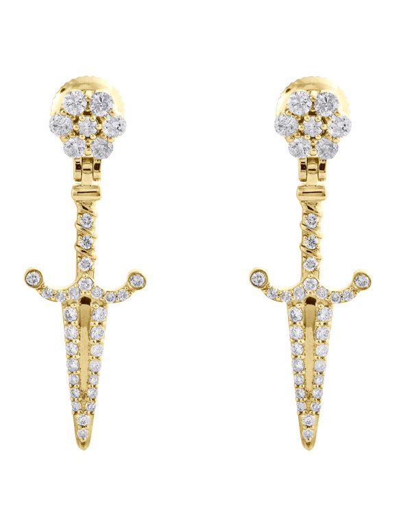 10K Yellow Gold Diamond Dagger / Knife Dangle Drop Earrings Flower Studs 0.85 CT