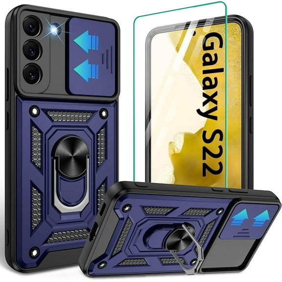 Compatible with Samsung Galaxy S22 Case,Galaxy S22 Case with HD Screen Protector with Slide Camera Cover, 360°Rotation Ring Kickstand [Military Grade] Case for Galaxy S22, s22 case,Blue